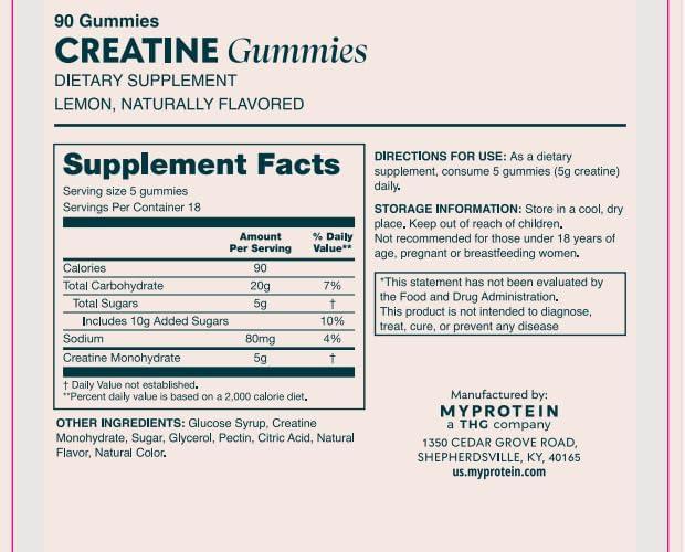 imageMyprotein Creatine Gummies 5g Creatine Monohydrate per Serving Peach 90 Count 18 Servings Chewable PostPre Workout Strength amp Recovery Sports Nutrition Supplement Vegan NonGMOLemon