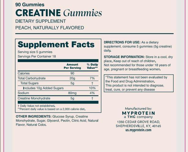 imageMyprotein Creatine Gummies 5g Creatine Monohydrate per Serving Peach 90 Count 18 Servings Chewable PostPre Workout Strength amp Recovery Sports Nutrition Supplement Vegan NonGMOPeach
