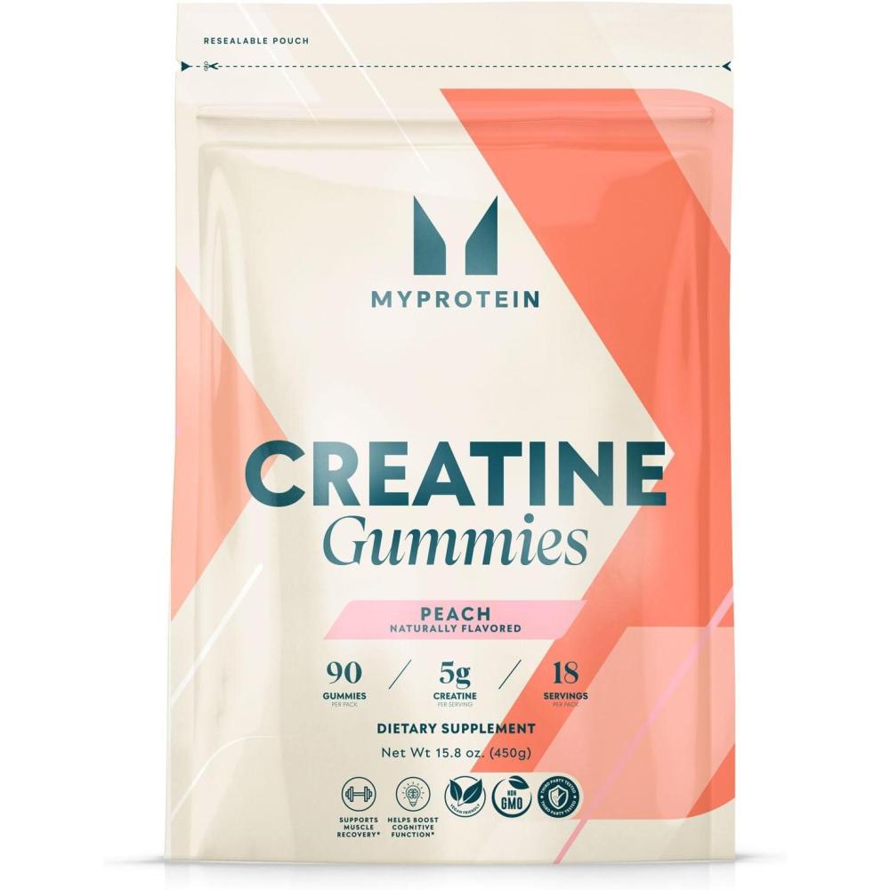 imageMyprotein Creatine Gummies 5g Creatine Monohydrate per Serving Peach 90 Count 18 Servings Chewable PostPre Workout Strength amp Recovery Sports Nutrition Supplement Vegan NonGMOPeach