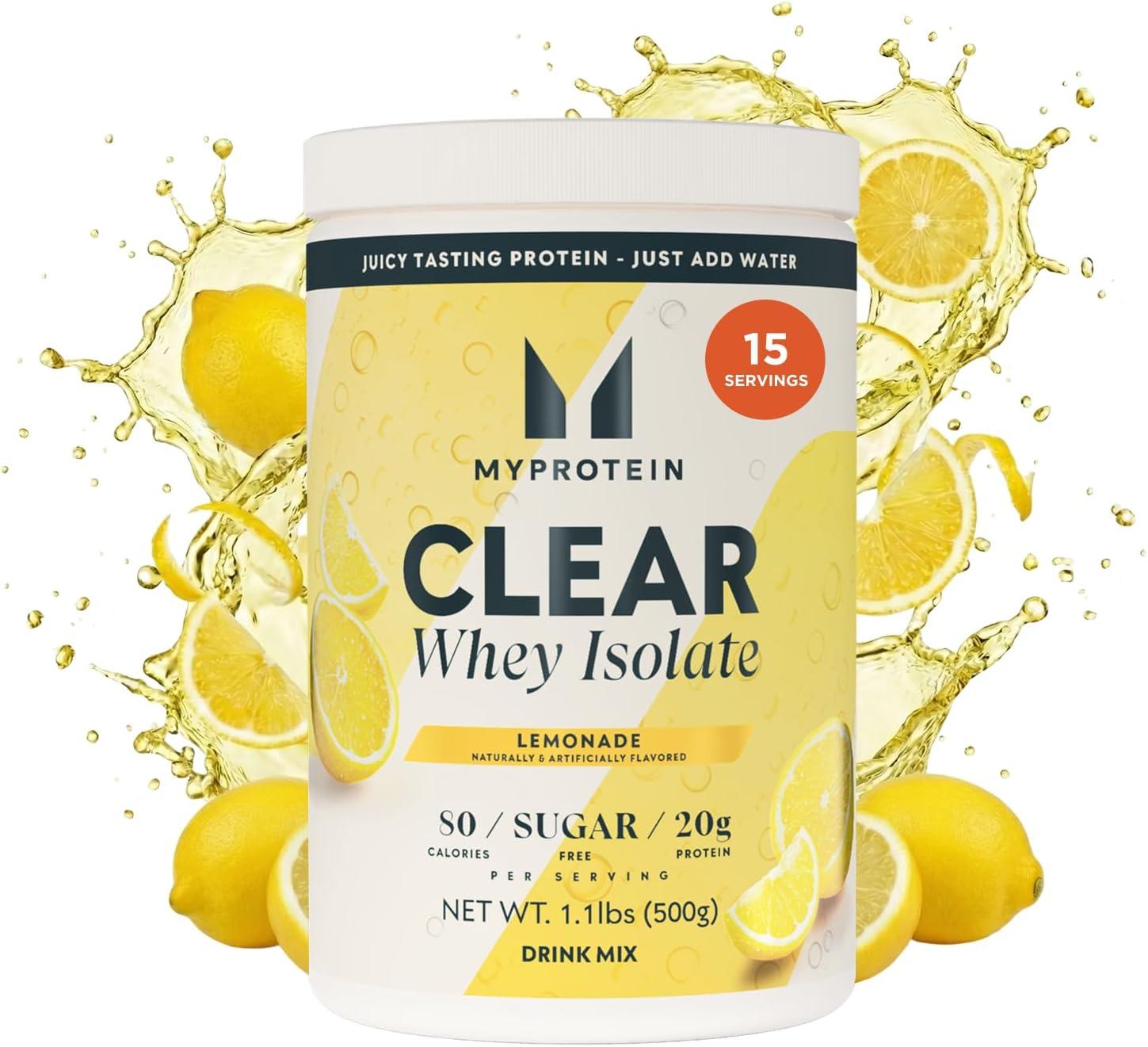 imageMyprotein Clear Whey Isolate Protein Powder Drink Mix 5 Count Variety Pack Sampler Lemonade Tropical Dragonfruit Strawberry 20g Protein Sugar Free Low Calorie Juicy Protein WaterLemonade