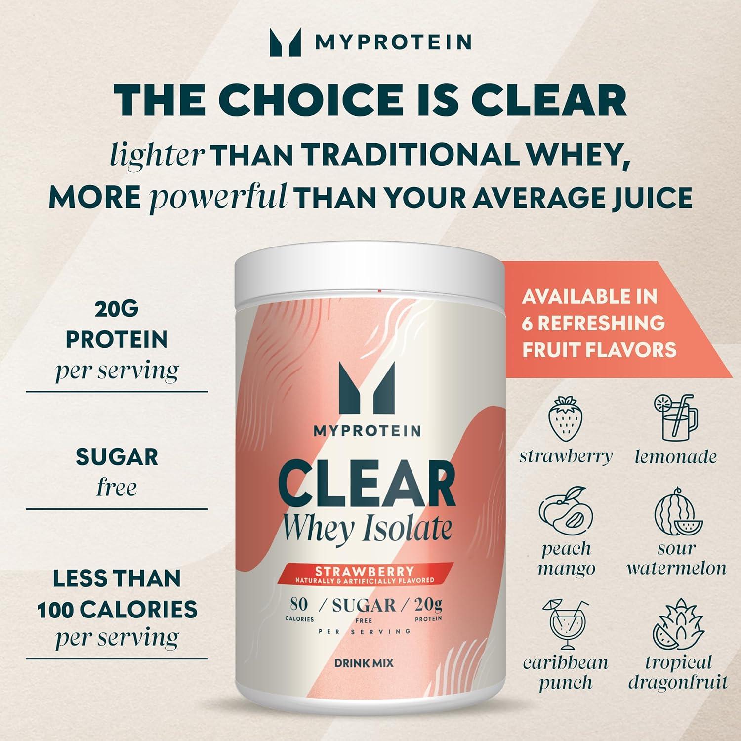 imageMyprotein Clear Whey Isolate Protein Powder Drink Mix 5 Count Variety Pack Sampler Lemonade Tropical Dragonfruit Strawberry 20g Protein Sugar Free Low Calorie Juicy Protein WaterStrawberry
