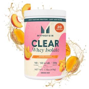 Myprotein Clear Whey Isolate Protein Powder Drink Mix – 5 Count Variety Pack Sampler (Lemonade, Tropical Dragonfruit, Strawberry) – 20g Protein, Sugar Free, Low Calorie, Juicy Protein Water(Peach Mango)