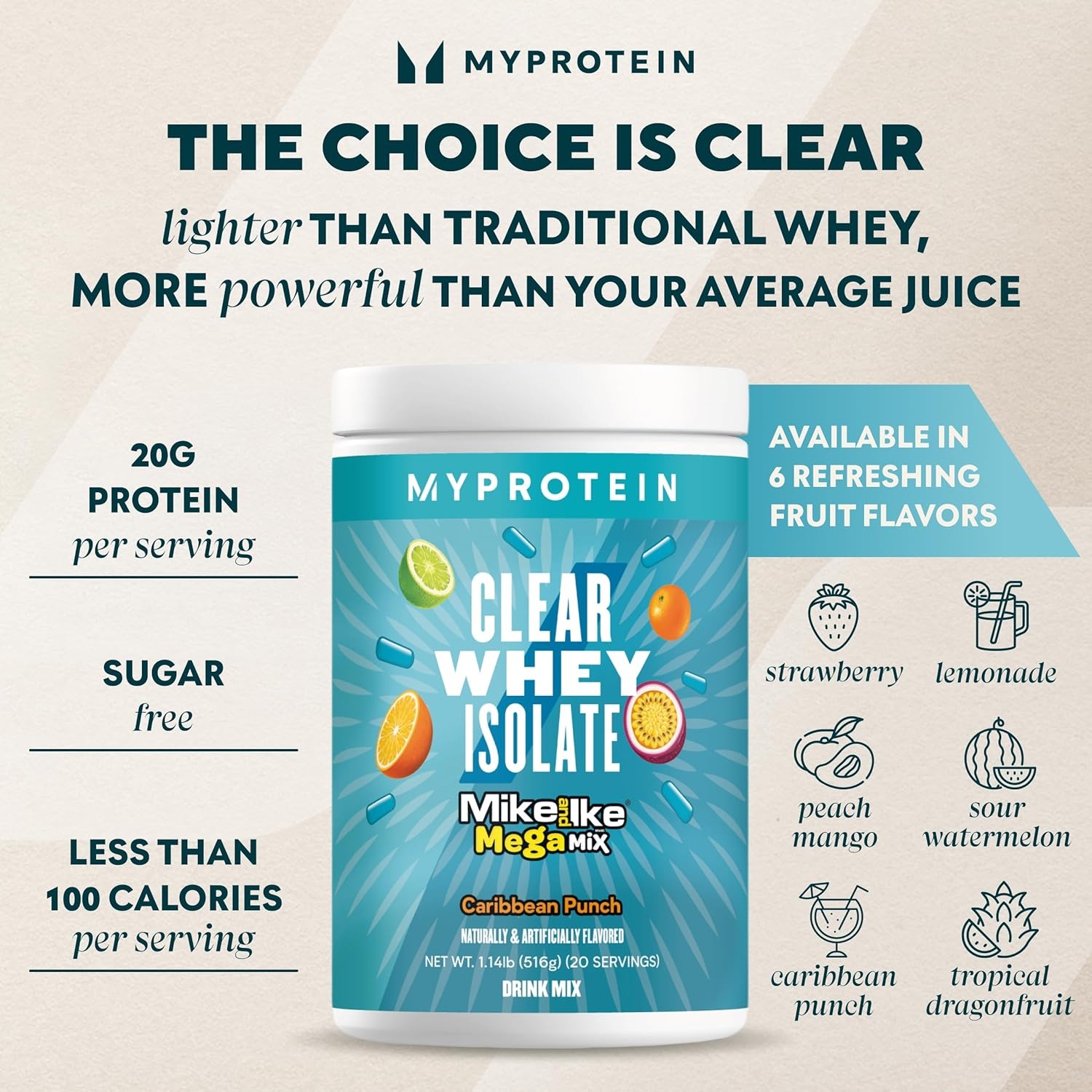 image:imageMyprotein Clear Whey Isolate Protein Powder 20 Servings 11lbs Fruity Mike and IKE Caribbean Punch Drink Mix 20g Protein per Serving Daily Drink for Superior PerformanceCaribbean Punch